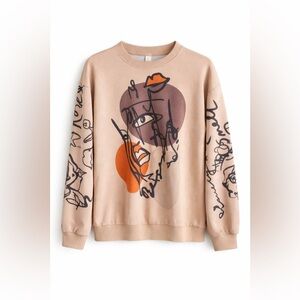 Men’s Abstract Graphic Sweatshirt | Size Medium | Beige Art Print Crewneck